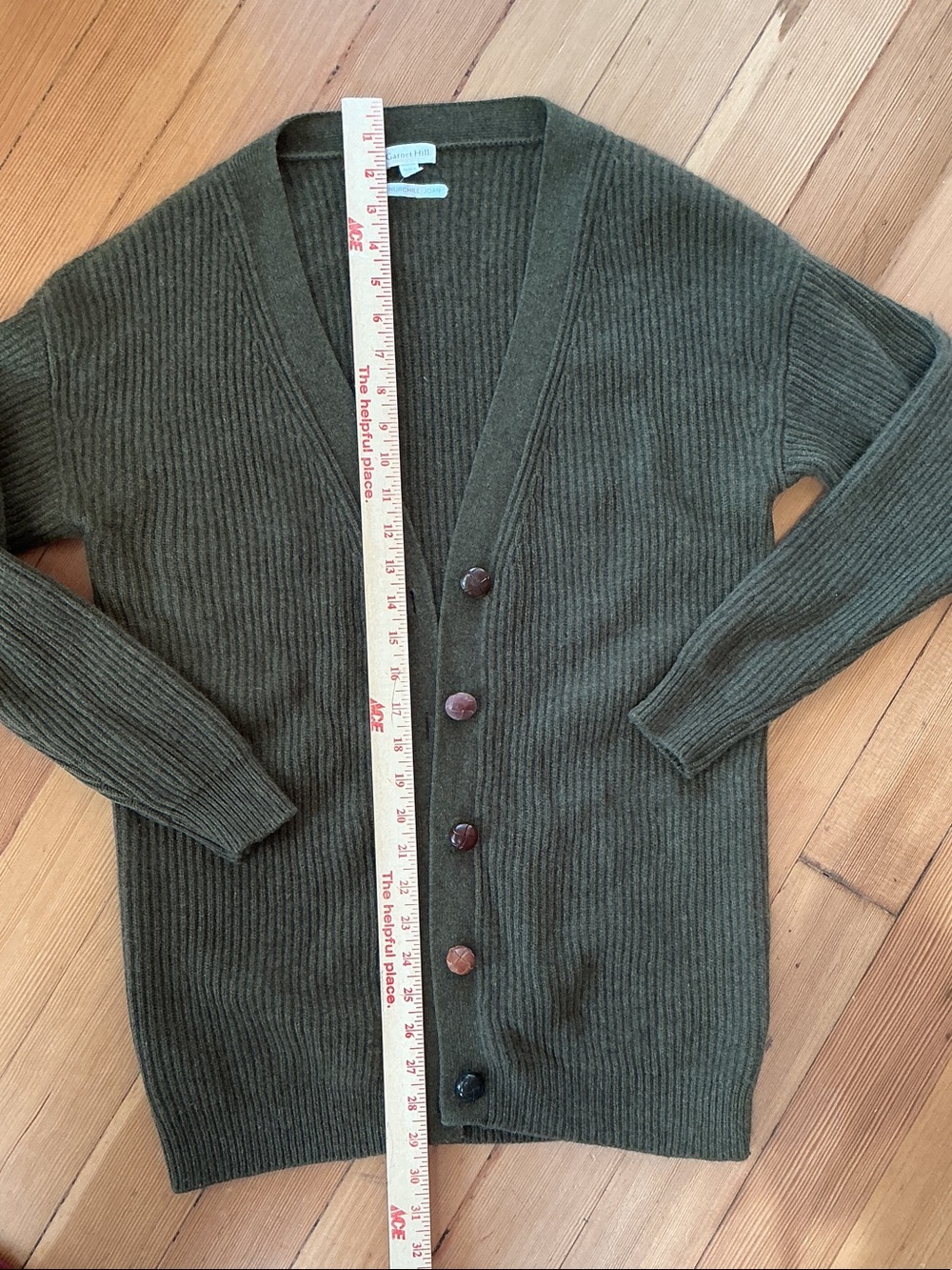 100% Cashmere Olive Green Button-Front Ribbed Women's Cardigan Garnet Hill - Picture 8 of 11